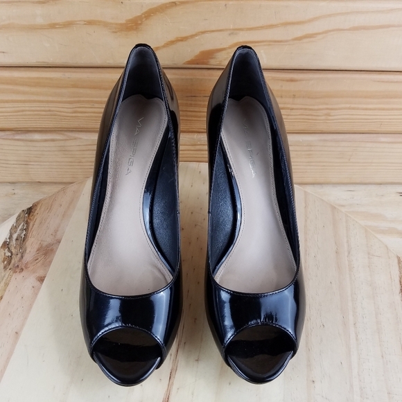 VIA SPIGA 7.5 US Slip on Black Leather Stiletto High Heels Pumps Peep Toe Shoes - Picture 2 of 12